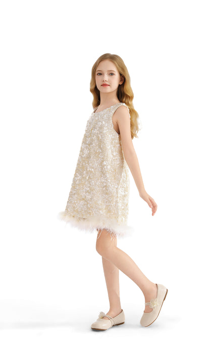 kids atelier tulleen Ivory Sequin Feather Dress