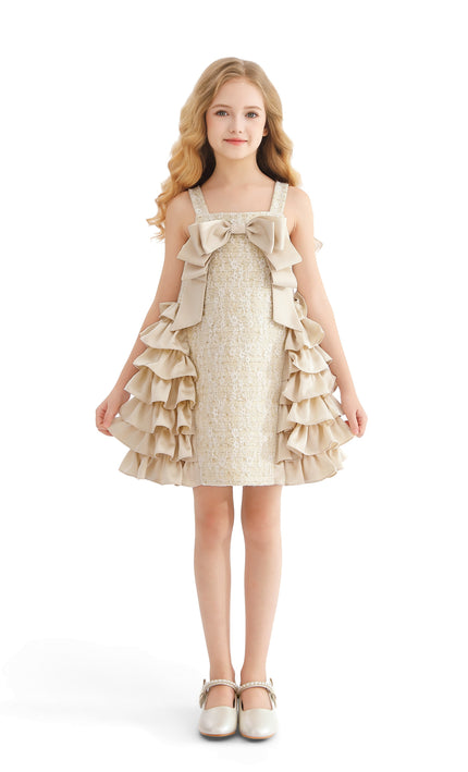 kids atelier tulleen Cream Ruffle Cascade Bow Dress