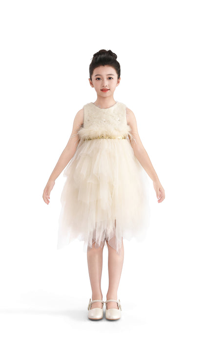 kids atelier tulleen White Feathered Tulle Party Dress