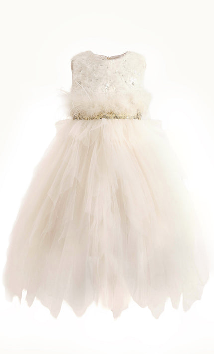 kids atelier tulleen White Feathered Tulle Party Dress