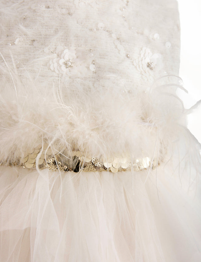 kids atelier tulleen White Feathered Tulle Party Dress