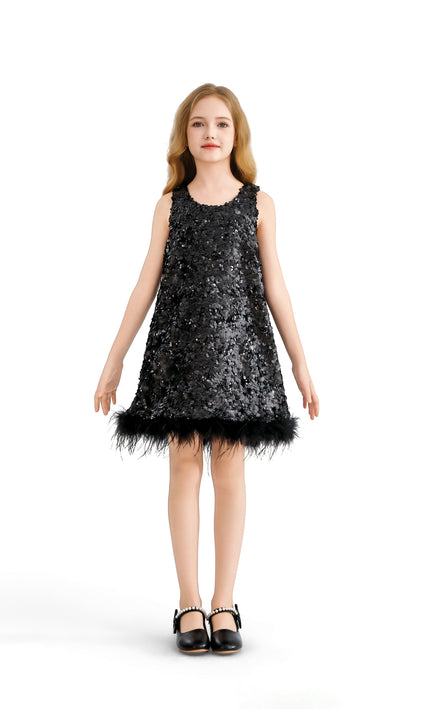kids atelier tulleen Black Sequin Feather-Hem Dress