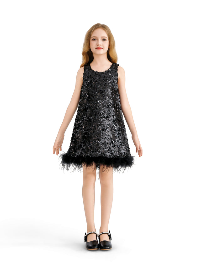 kids atelier tulleen Black Sequin Feather-Hem Dress