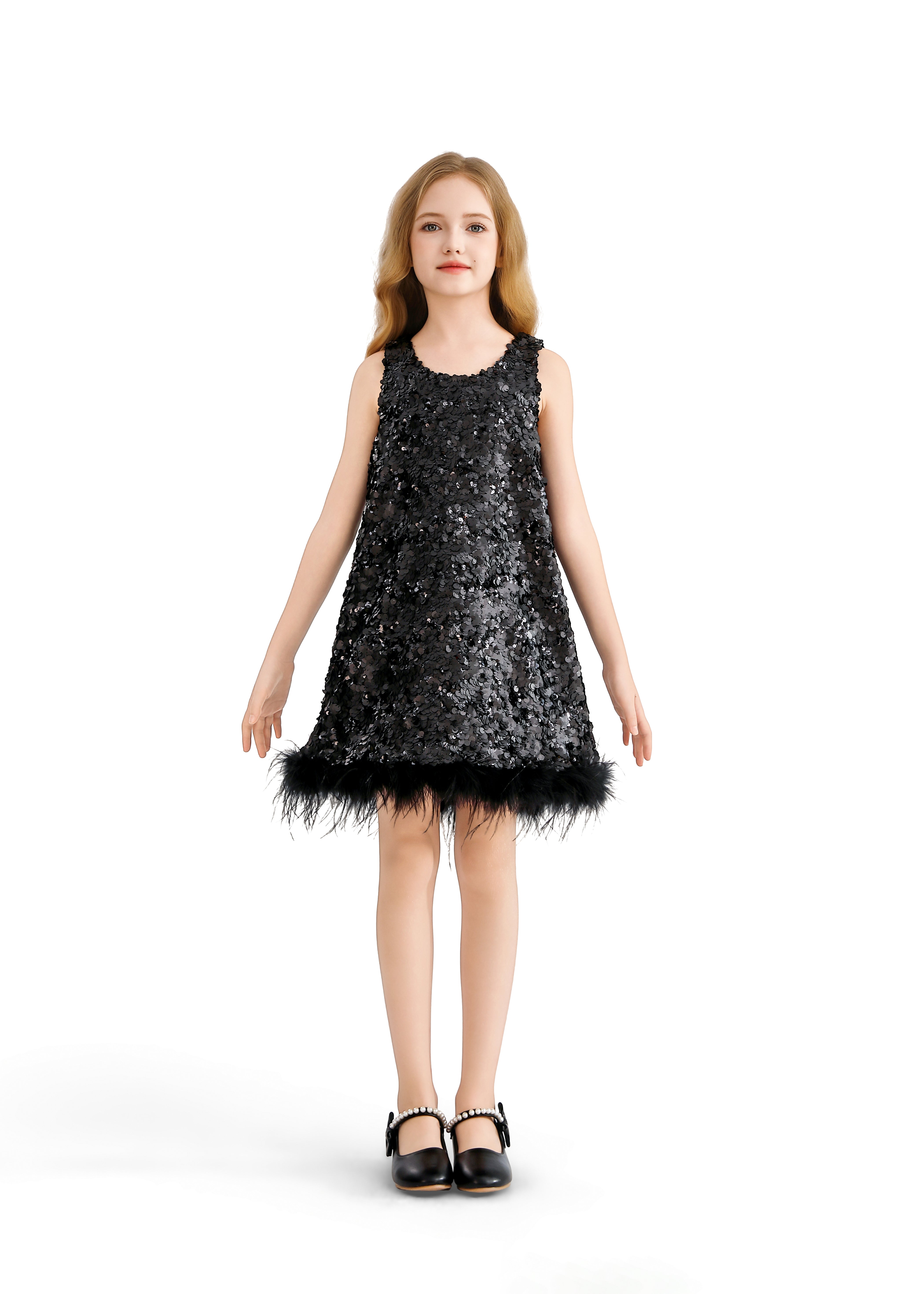 Black Sequin Feather-Hem Dress 3Y/4Y / Black Black Sequin Feather-Hem Dress 3Y/4Y / Black