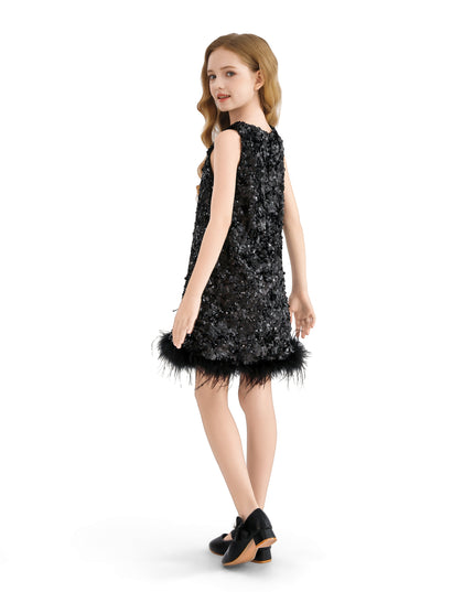 black sequin cocktail dress with feather hem black sequin and feather dress Sequin Feather Hem Shift Dress Black