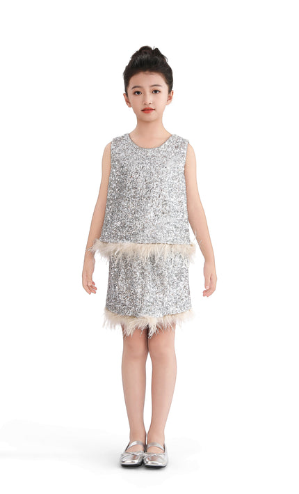 kids atelier tulleen Silver Sequin Feather-Trim Set