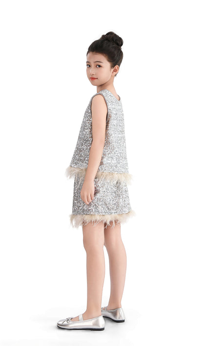 kids atelier tulleen Silver Sequin Feather-Trim Set