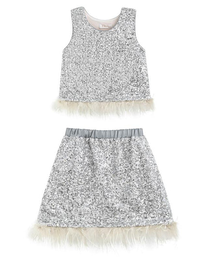 kids atelier tulleen Silver Sequin Feather-Trim Set