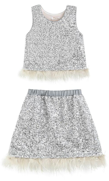 kids atelier tulleen Silver Sequin Feather-Trim Set