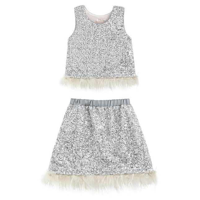 kids atelier tulleen Silver Sequin Feather-Trim Set