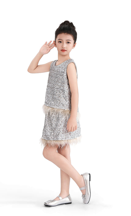 kids atelier tulleen Silver Sequin Feather-Trim Set