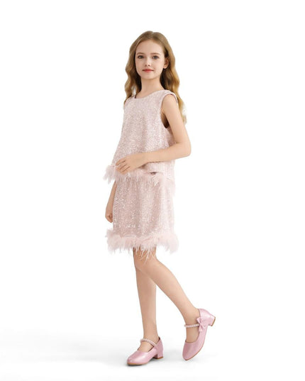 kids atelier tulleen Peach Sequin Feather-Trim Set