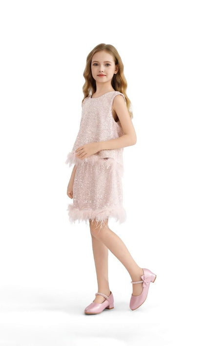 kids atelier tulleen Peach Sequin Feather-Trim Set
