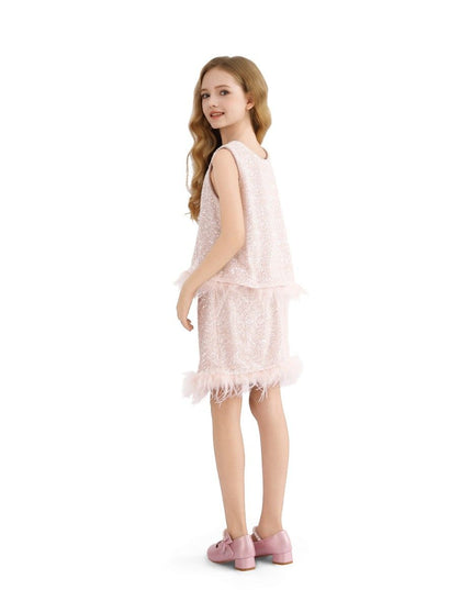 kids atelier tulleen Peach Sequin Feather-Trim Set