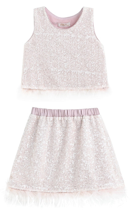 kids atelier tulleen Peach Sequin Feather-Trim Set