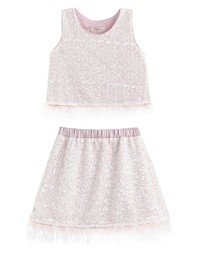 kids atelier tulleen Peach Sequin Feather-Trim Set