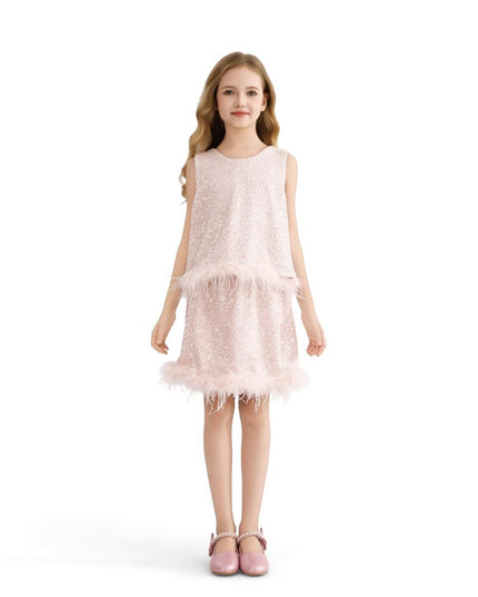 kids atelier tulleen Peach Sequin Feather-Trim Set