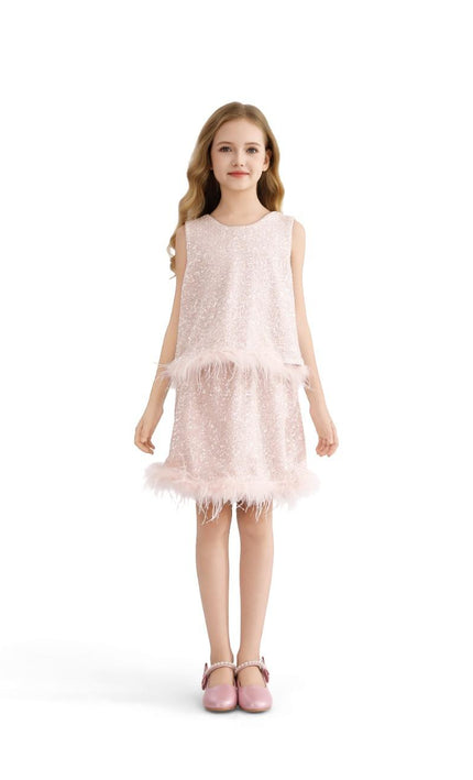 kids atelier tulleen Peach Sequin Feather-Trim Set