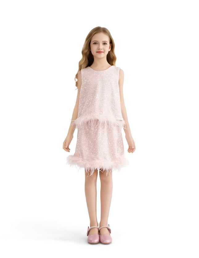 kids atelier tulleen Peach Sequin Feather-Trim Set