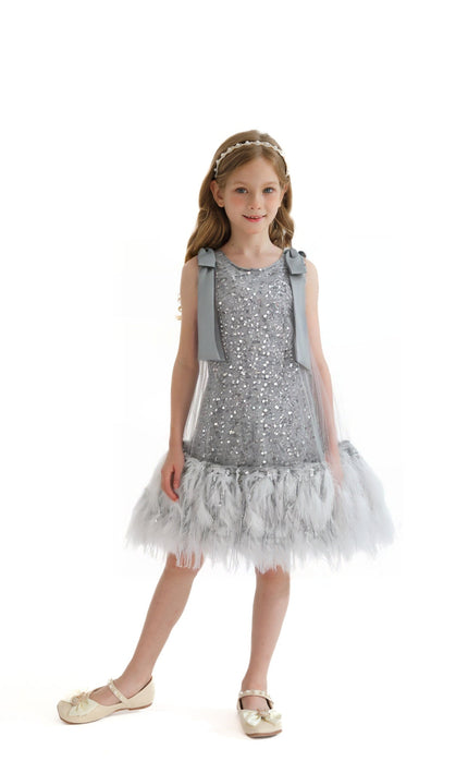 kids atelier tulleen Silver Sequin Feather Dress