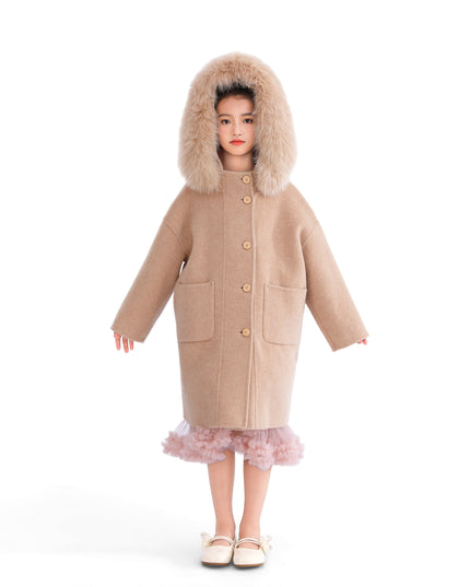 kids atelier tulleen Champagne Wool Coat with Faux Fur Hood