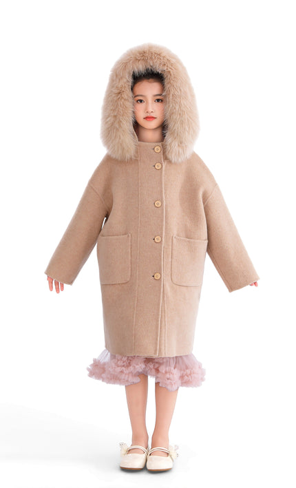 kids atelier tulleen Champagne Wool Coat with Faux Fur Hood