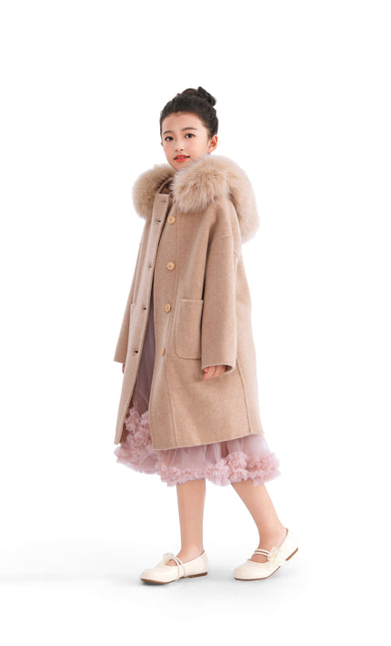 kids atelier tulleen Champagne Wool Coat with Faux Fur Hood