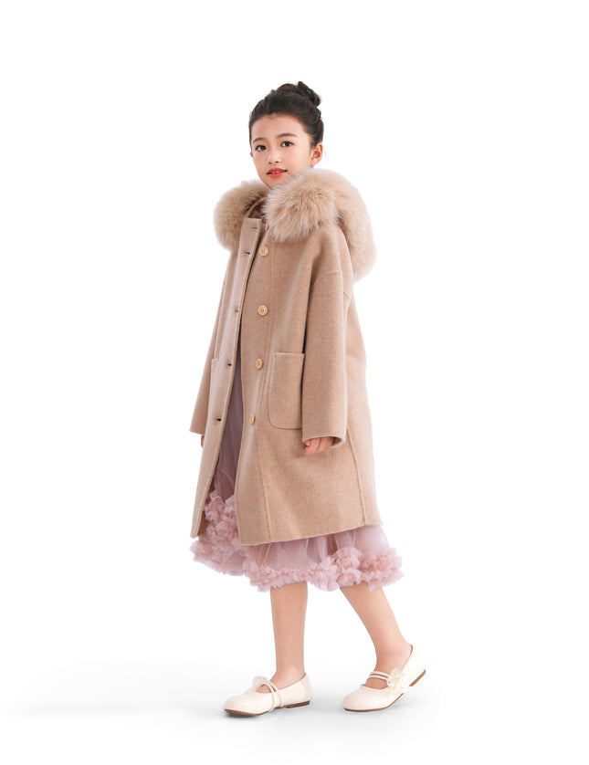 kids atelier tulleen Champagne Wool Coat with Faux Fur Hood