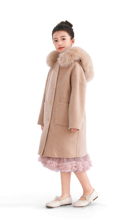 kids atelier tulleen Champagne Wool Coat with Faux Fur Hood
