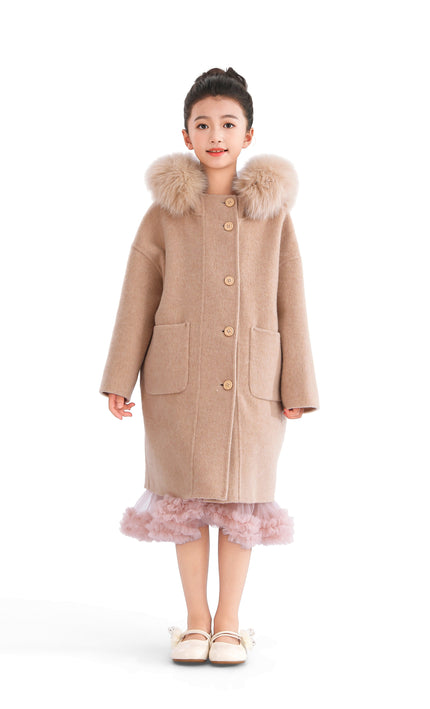 kids atelier tulleen Champagne Wool Coat with Faux Fur Hood