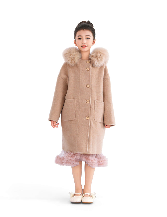 kids atelier tulleen Champagne Wool Coat with Faux Fur Hood