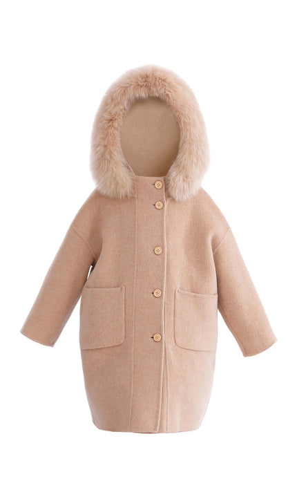 kids atelier tulleen Champagne Wool Coat with Faux Fur Hood