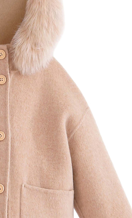 kids atelier tulleen Champagne Wool Coat with Faux Fur Hood