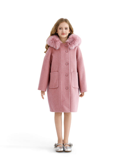 kids atelier tulleen Pink Wool Coat with Faux Fur Hood
