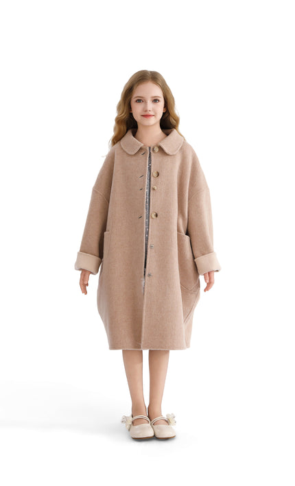 kids atelier tulleen Champagne Wool Coat with Peter Pan Collar