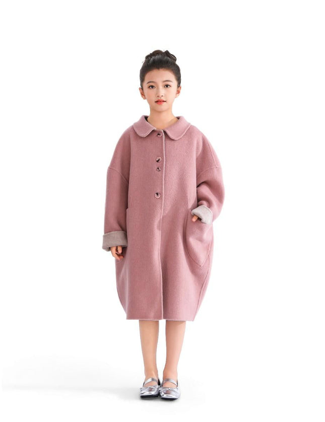kids atelier tulleen Pink Wool Coat with Peter Pan Collar