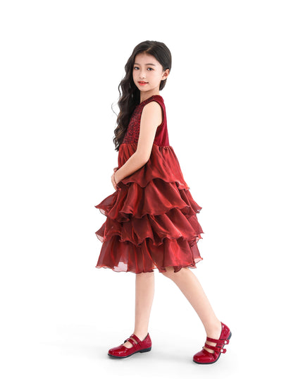 kids atelier tulleen Red Sequin & Tiered Organza Dress