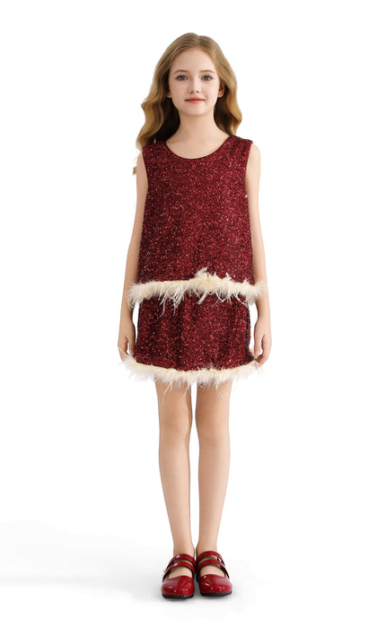 kids atelier tulleen Red Sequin Feather-Trim Set