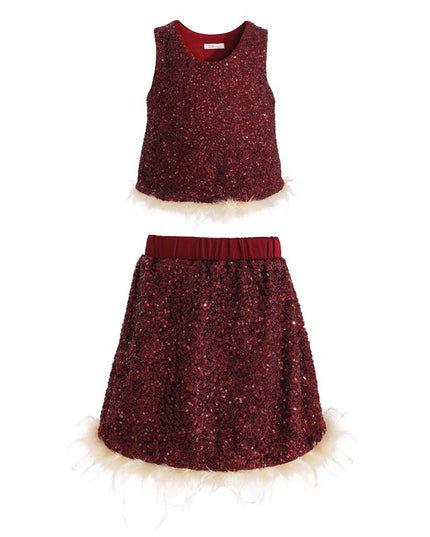 kids atelier tulleen Red Sequin Feather-Trim Set
