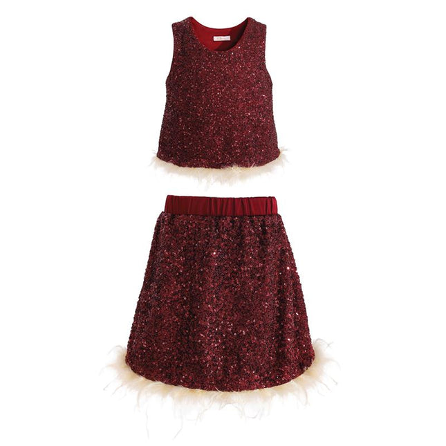 kids atelier tulleen Red Sequin Feather-Trim Set