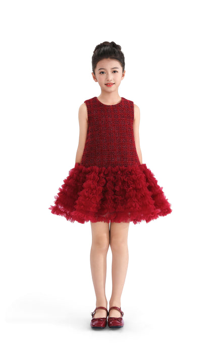 kids atelier tulleen Red Tweed & Tulle Ruffle Dress