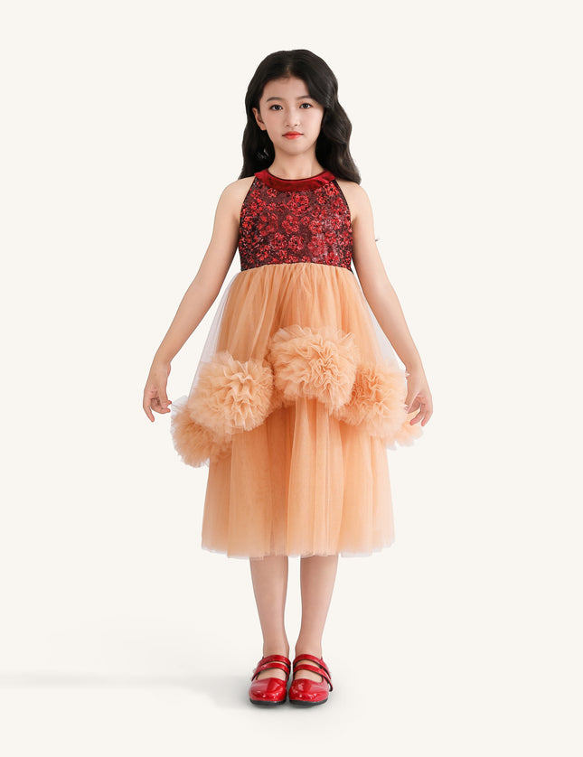 Peach Tulle Pom-Pom Dress