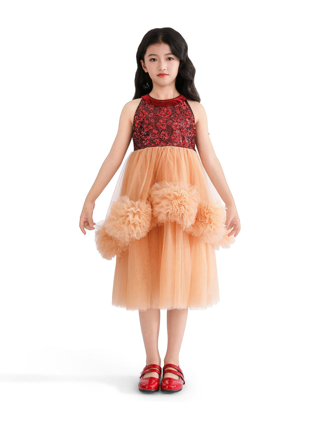 kids atelier tulleen Peach Tulle Pom-Pom Dress