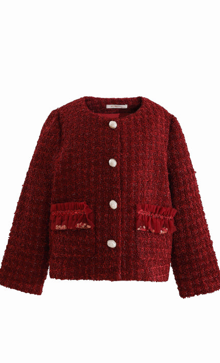 kids atelier tulleen Red Tweed Button-Up Jacket