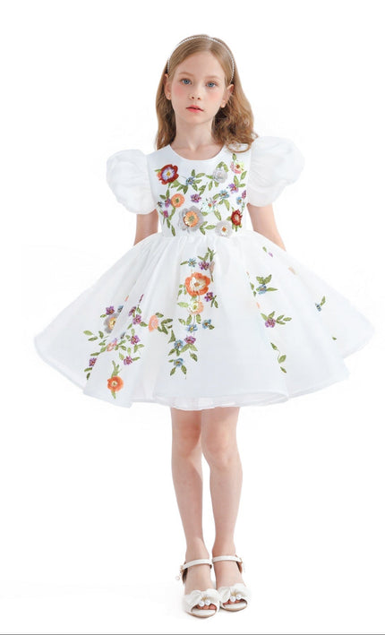 kids atelier tulleen White Embroidered Puff Sleeve Dress