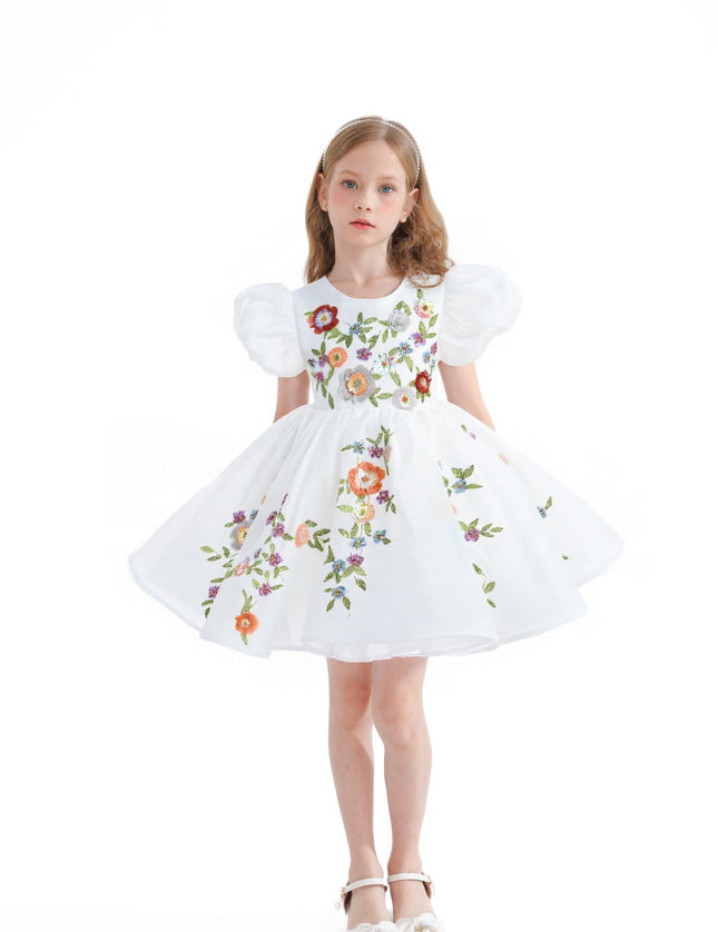 kids atelier tulleen White Embroidered Puff Sleeve Dress