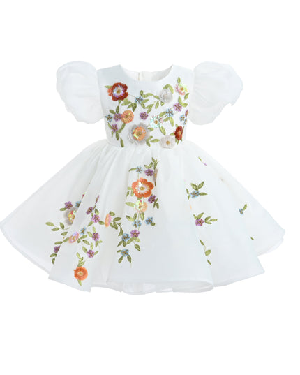 kids atelier tulleen White Embroidered Puff Sleeve Dress