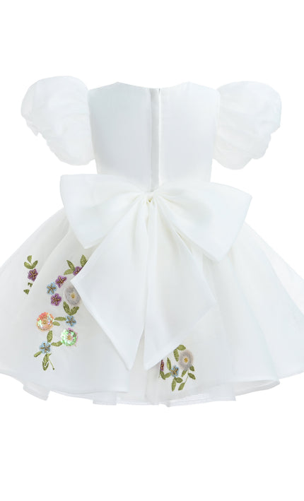 kids atelier tulleen White Embroidered Puff Sleeve Dress