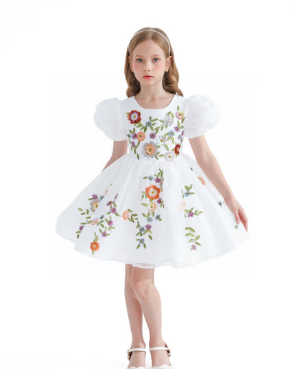 kids atelier tulleen White Embroidered Puff Sleeve Dress