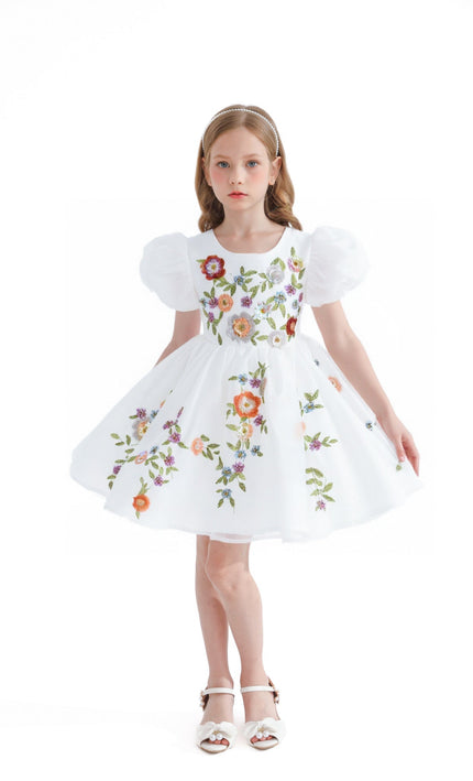 kids atelier tulleen White Embroidered Puff Sleeve Dress